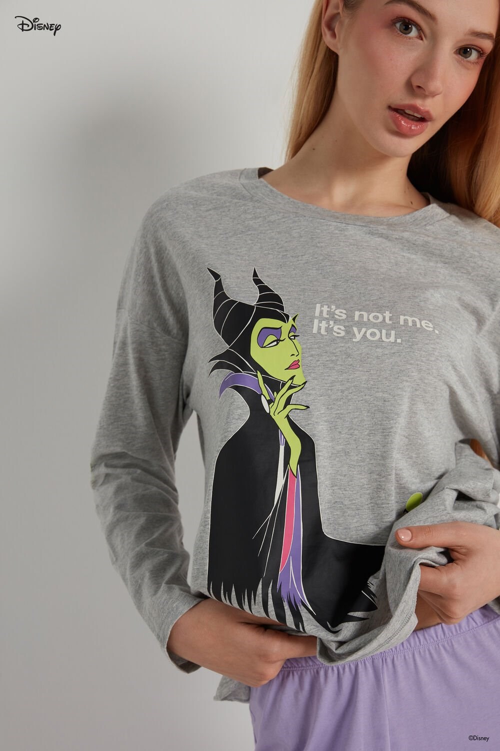 Grey Light Gray Heather Maleficent Print 360v Tezenis Full-Length Cotton Pajamas with Disney Villains Maleficent Print | 806347-IHD