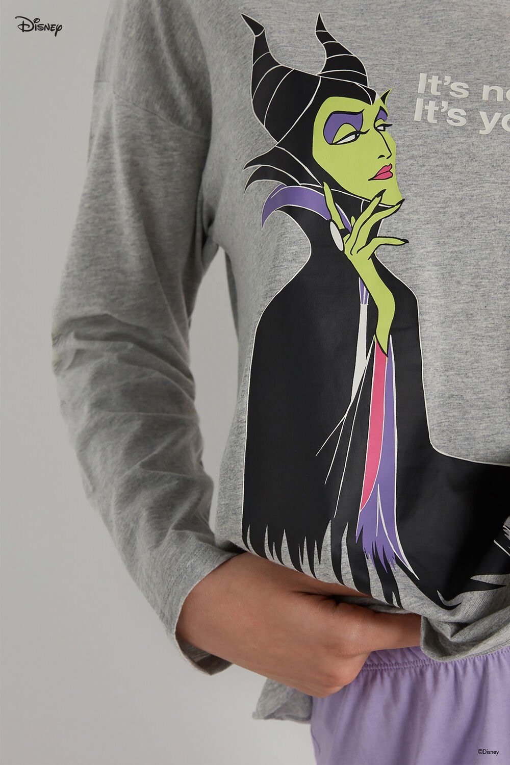 Grey Light Gray Heather Maleficent Print 360v Tezenis Full-Length Cotton Pajamas with Disney Villains Maleficent Print | 806347-IHD