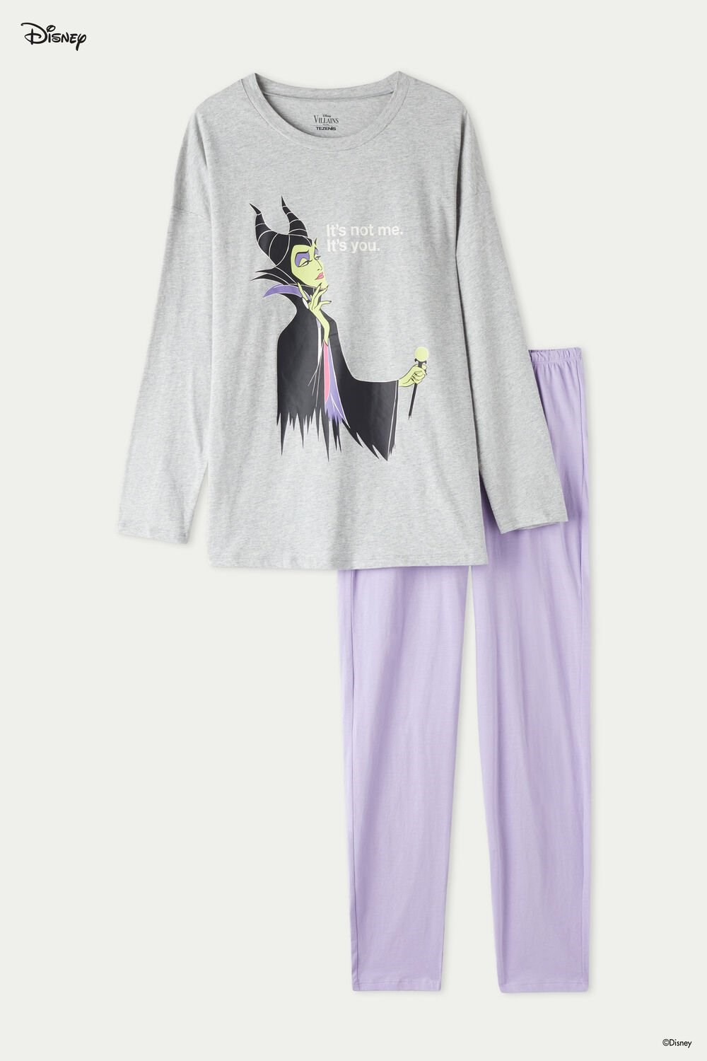 Grey Light Gray Heather Maleficent Print 360v Tezenis Full-Length Cotton Pajamas with Disney Villains Maleficent Print | 806347-IHD