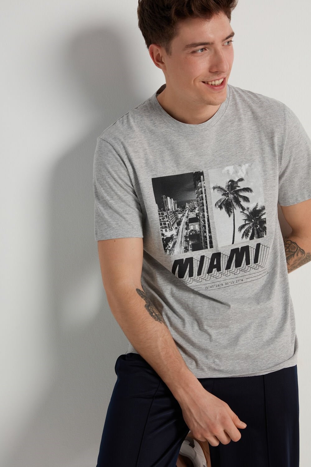 Grey Light Gray Heather Miami Print 423v Tezenis Printed Cotton T-Shirt | 892745-XYS