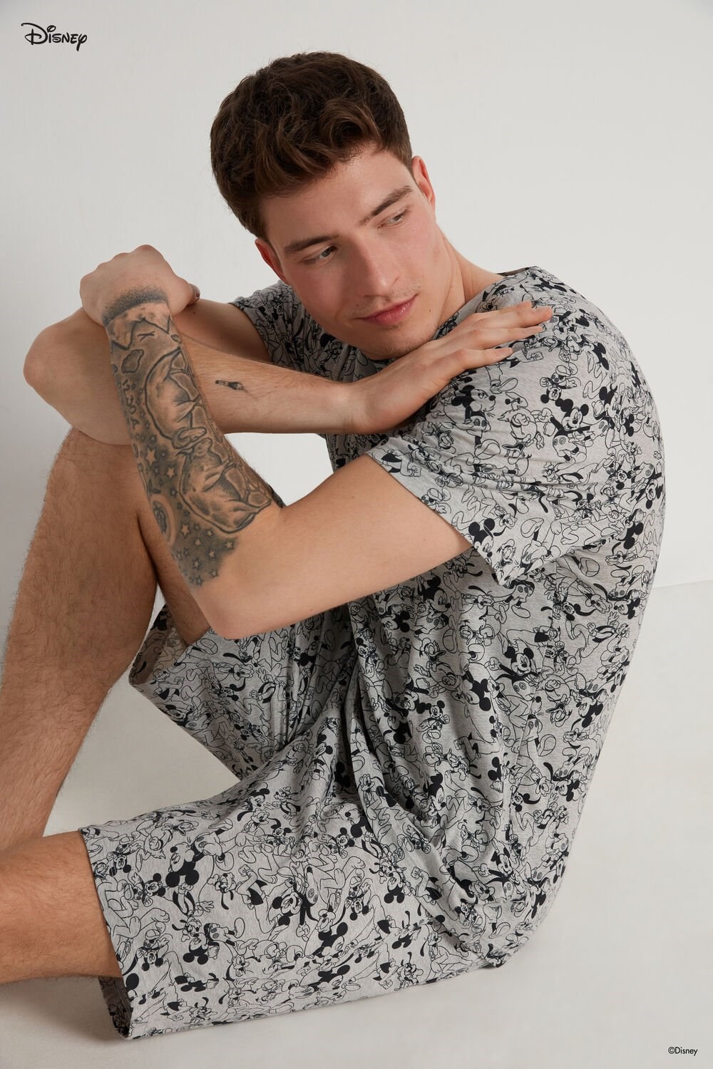 Grey Light Gray Heather Mickey Print 361v Tezenis Men’s Short Pajamas with Disney Mickey Mouse Print | 062571-EFM