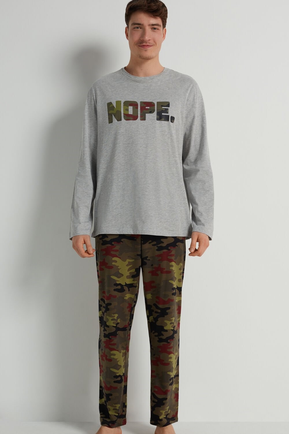 Grey Light Gray Heather Nope Print 424v Tezenis Men’s Full-Length Cotton Nope Print Pajamas | 347691-WRJ