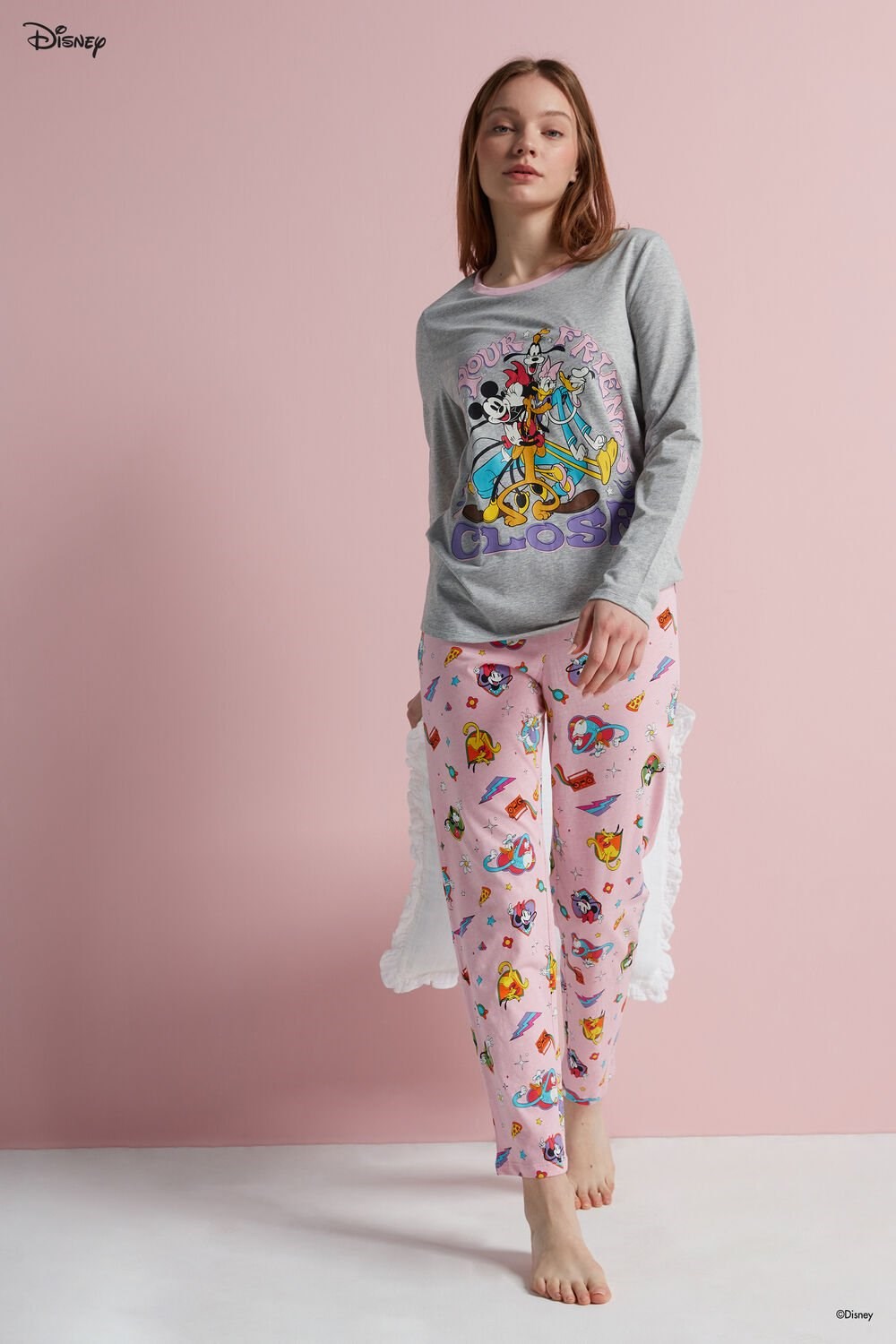 Grey Light Gray Heather Pop Style Print 365v Tezenis Full Length Mickey Mouse Disney Pop Cotton Pajamas | 086473-AEO