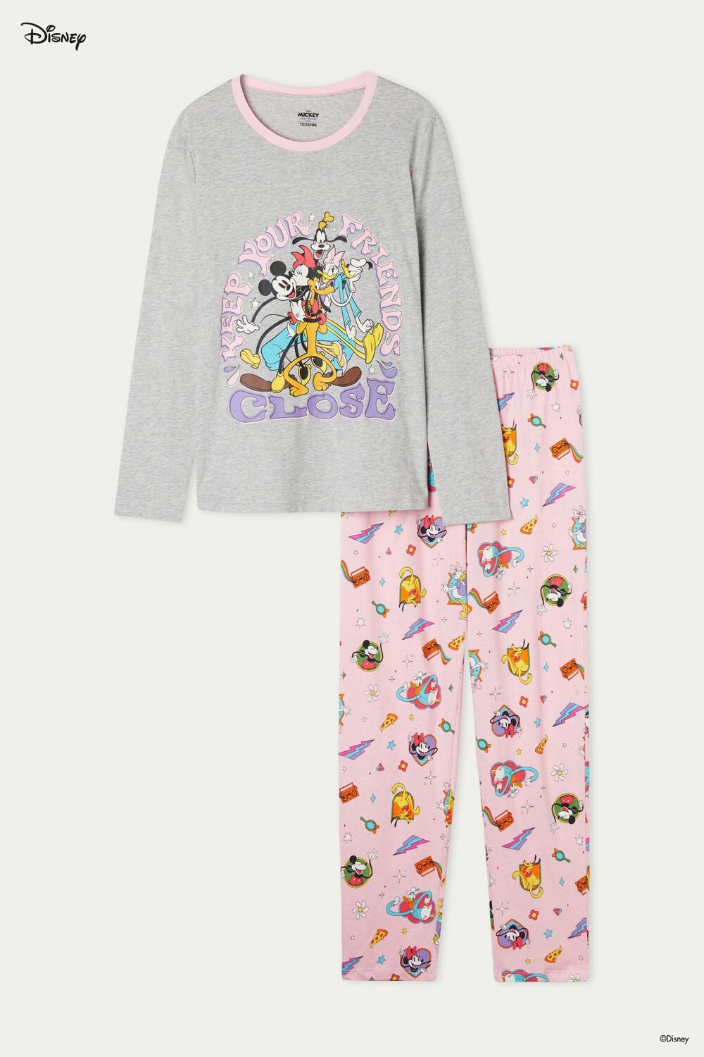 Grey Light Gray Heather Pop Style Print 365v Tezenis Full Length Mickey Mouse Disney Pop Cotton Pajamas | 086473-AEO