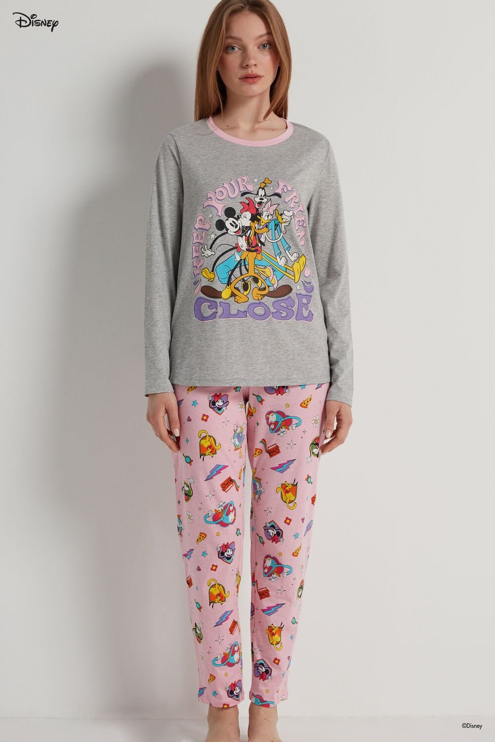 Grey Light Gray Heather Pop Style Print 365v Tezenis Full Length Mickey Mouse Disney Pop Cotton Pajamas | 086473-AEO