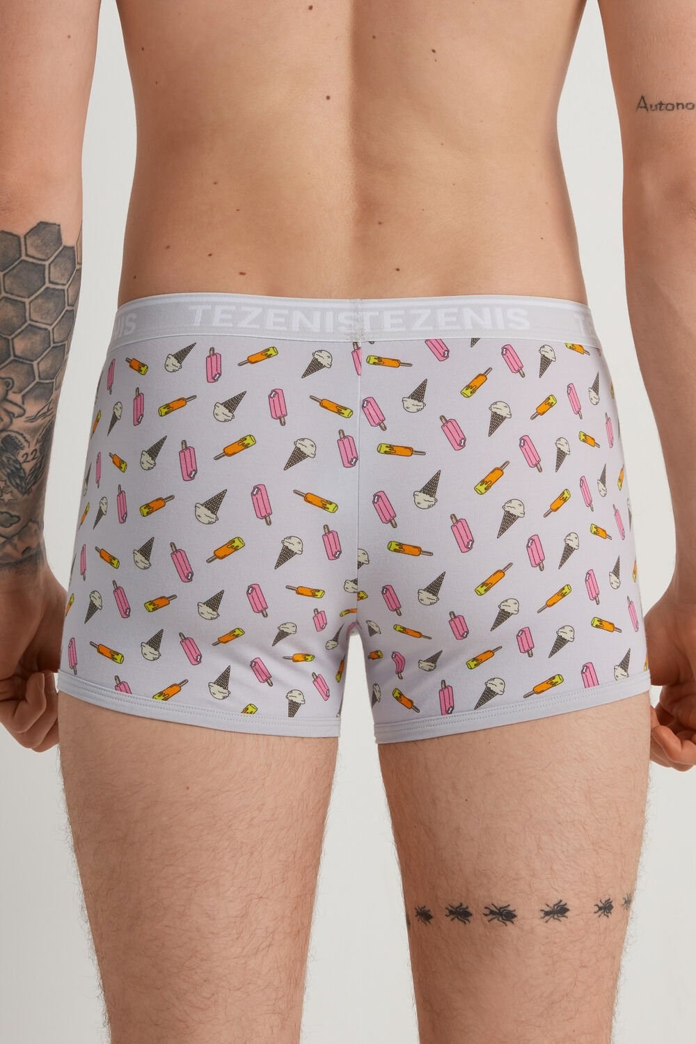 Grey Pearl Gray Ice Cream Print 540v Tezenis Printed Cotton Logo Boxers with Contrasting Trim | 803291-CGE