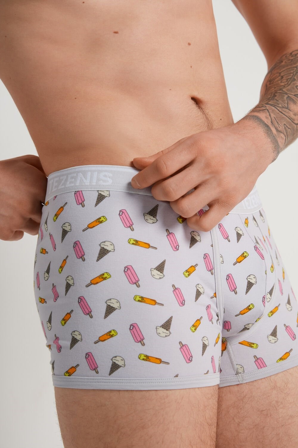 Grey Pearl Gray Ice Cream Print 540v Tezenis Printed Cotton Logo Boxers with Contrasting Trim | 803291-CGE