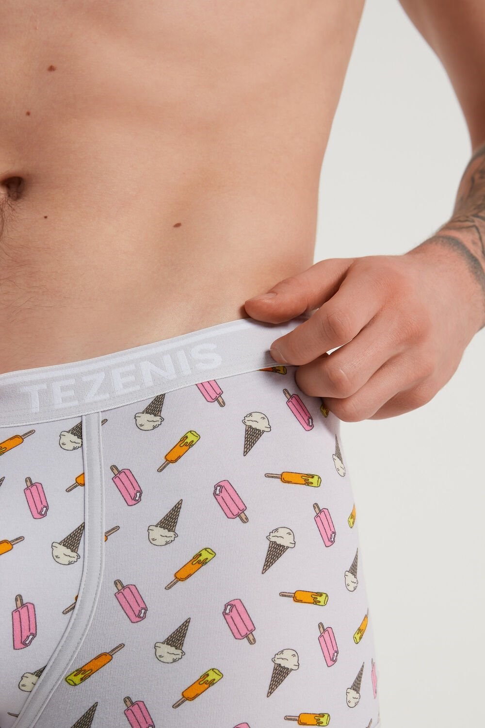 Grey Pearl Gray Ice Cream Print 540v Tezenis Printed Cotton Logo Boxers with Contrasting Trim | 803291-CGE