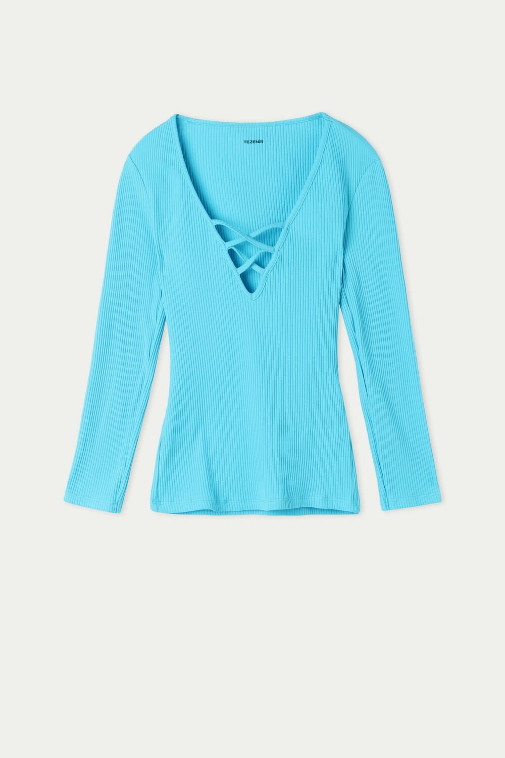 Light Blue Bright Blue 257v Tezenis Long-Sleeve Ribbed V-Neck Sweater with Criss-Cross Detail | 628703-CIV