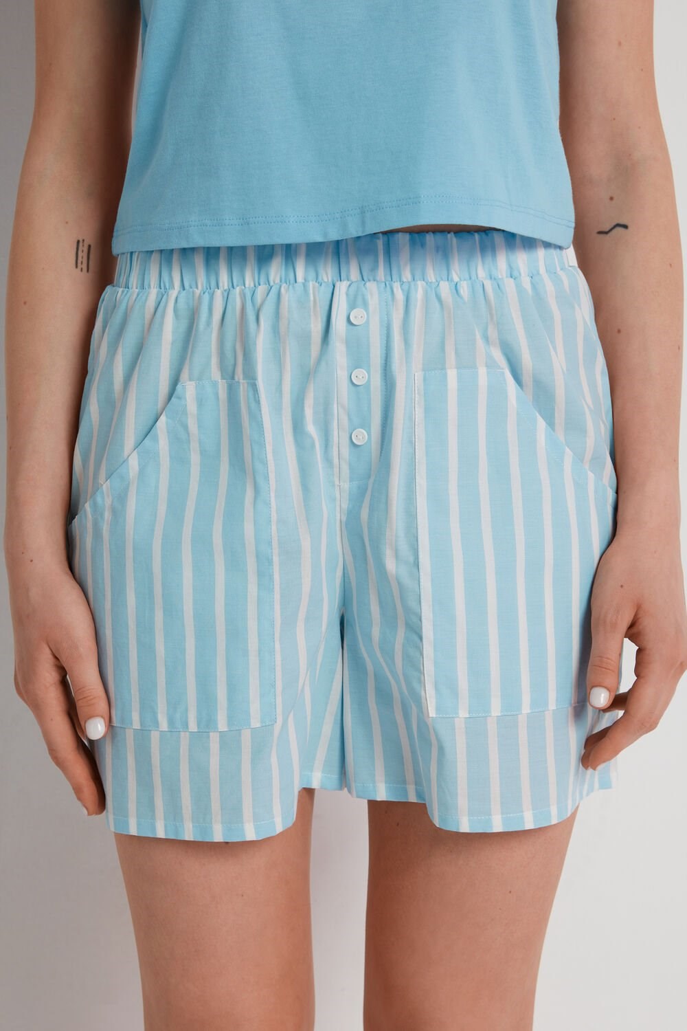 Light Blue Light Blue Striped Print 595v Tezenis Cotton Fabric Shorts with Pockets | 318624-PUA