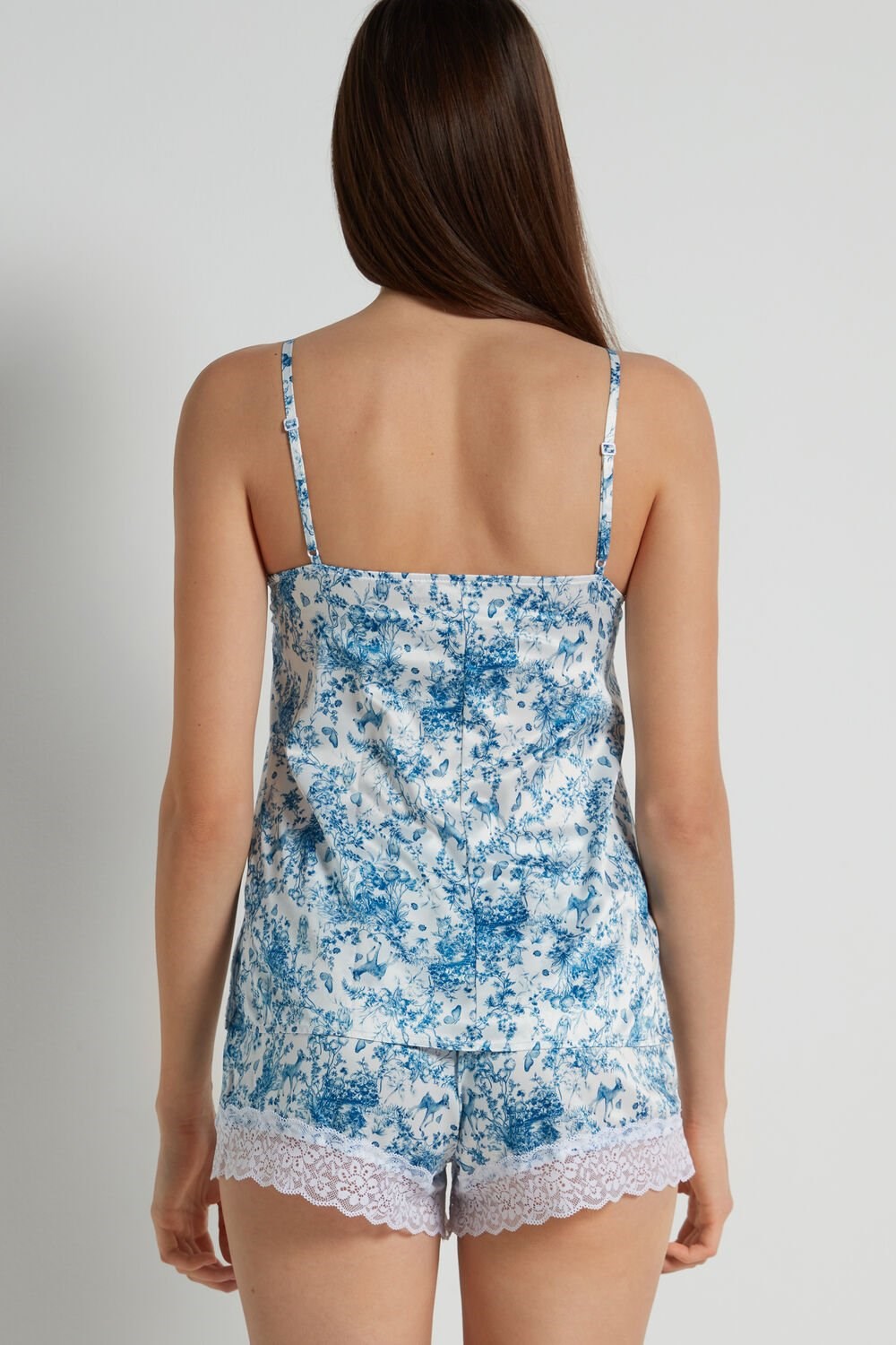 Light Blue Romantic Forest Print 597v Tezenis Satin and Lace Tank Top | 072349-KQZ