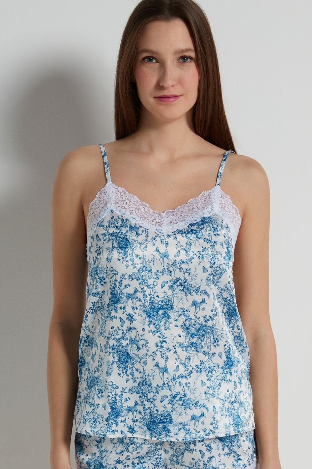 Light Blue Romantic Forest Print 597v Tezenis Satin and Lace Tank Top | 072349-KQZ