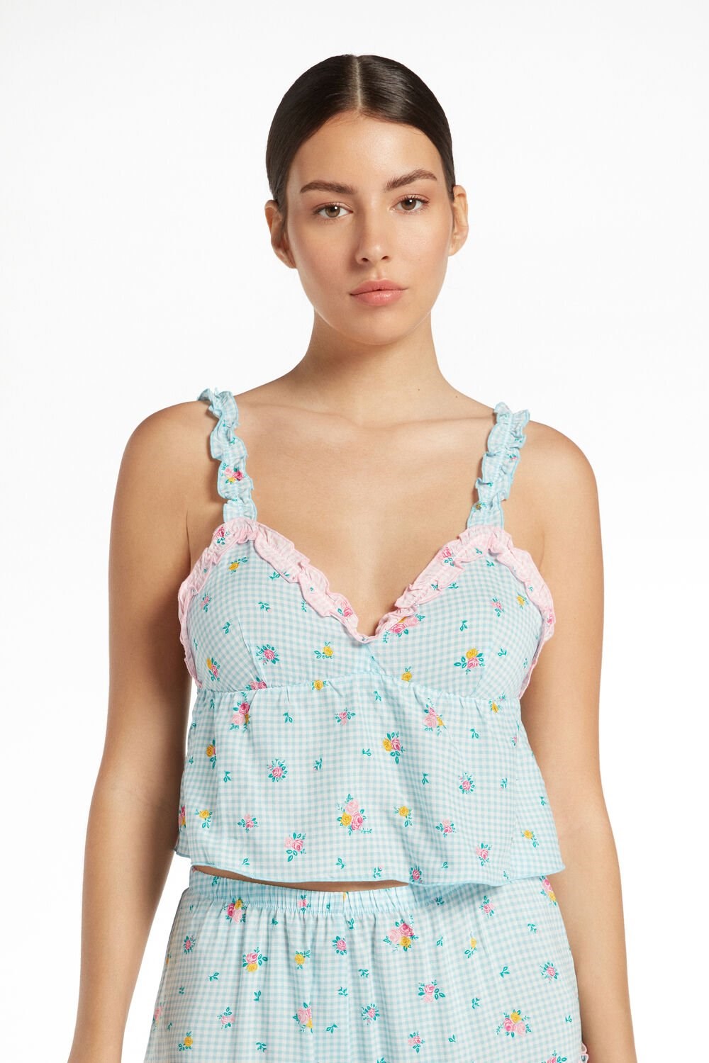 Light Blue Rose Gingham Print 601v Tezenis Ruched Viscose Fabric Crop Top | 278491-KGZ