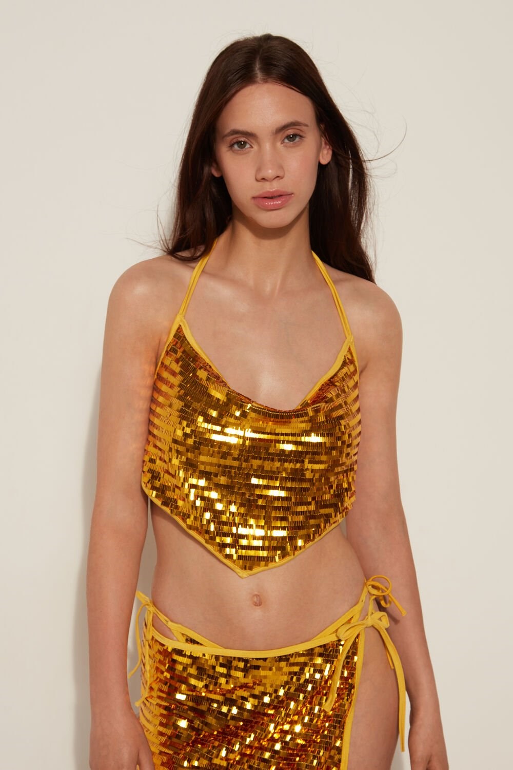 Metallic Golden Yellow 538v Tezenis Riviera Sequin Bra-Style Bikini Top | 749025-BRO