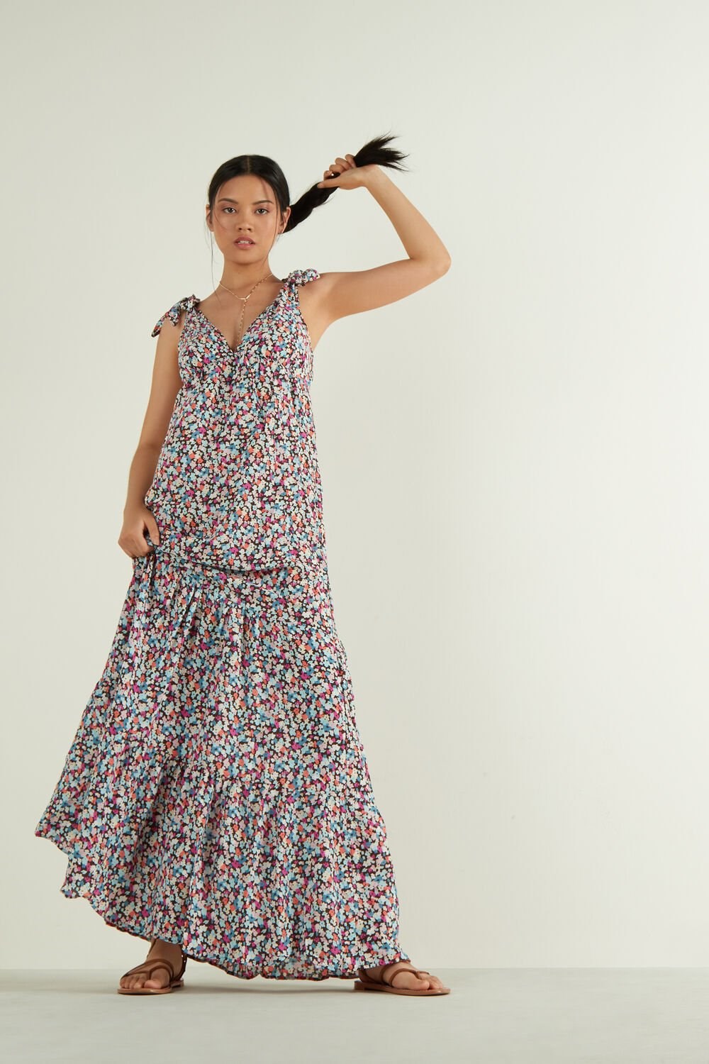 Multicolor Autumn Floral Print 834u Tezenis Sleeveless Maxi Dress with Bows | 321780-UHO