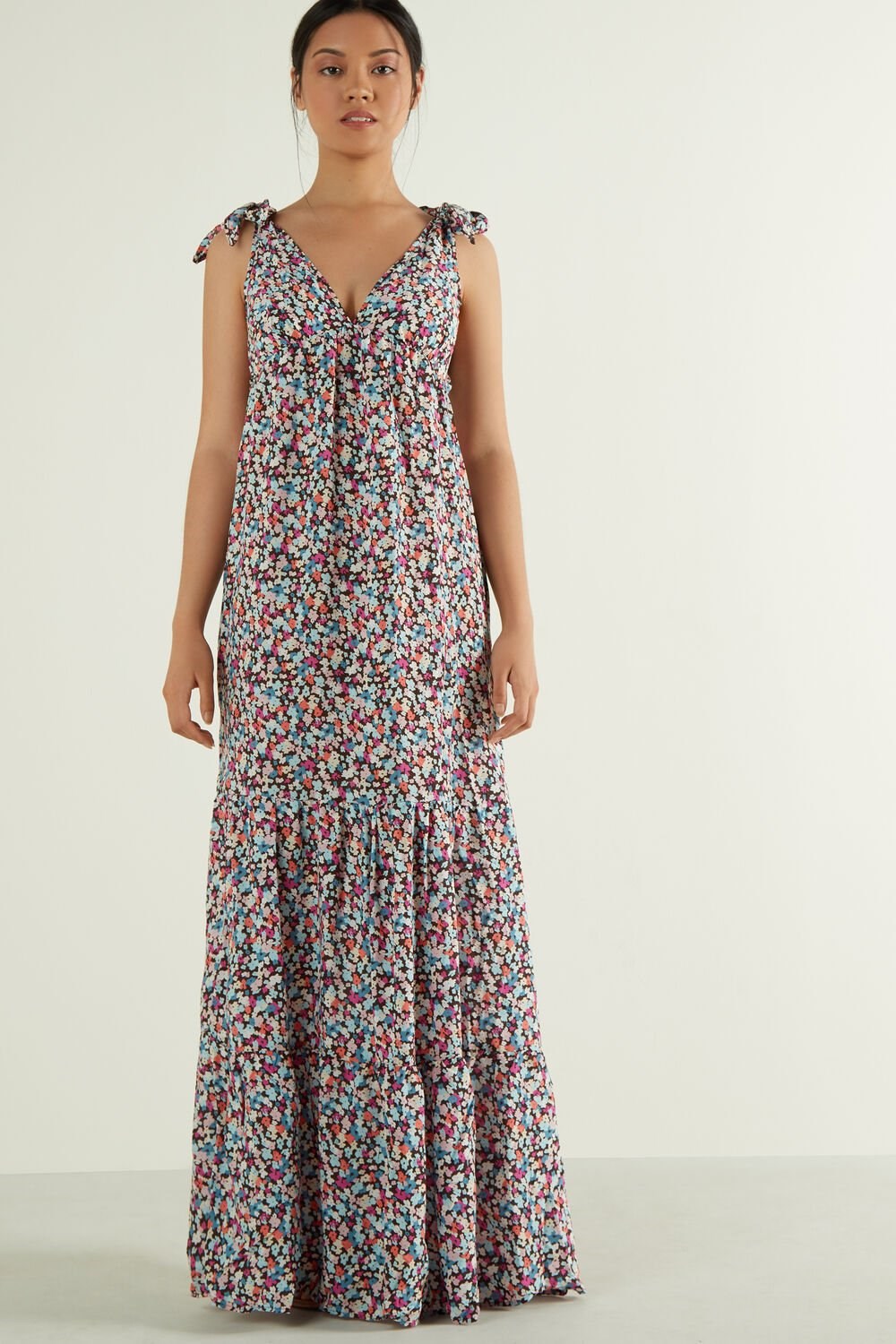 Multicolor Autumn Floral Print 834u Tezenis Sleeveless Maxi Dress with Bows | 321780-UHO