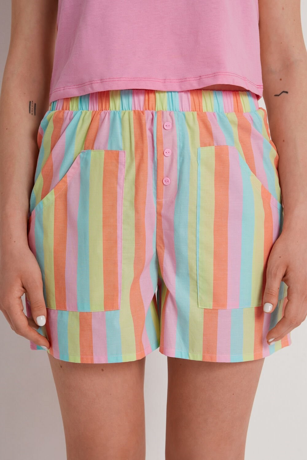 Multicolor Colorful Striped Print 596v Tezenis Cotton Fabric Shorts with Pockets | 192647-WDP