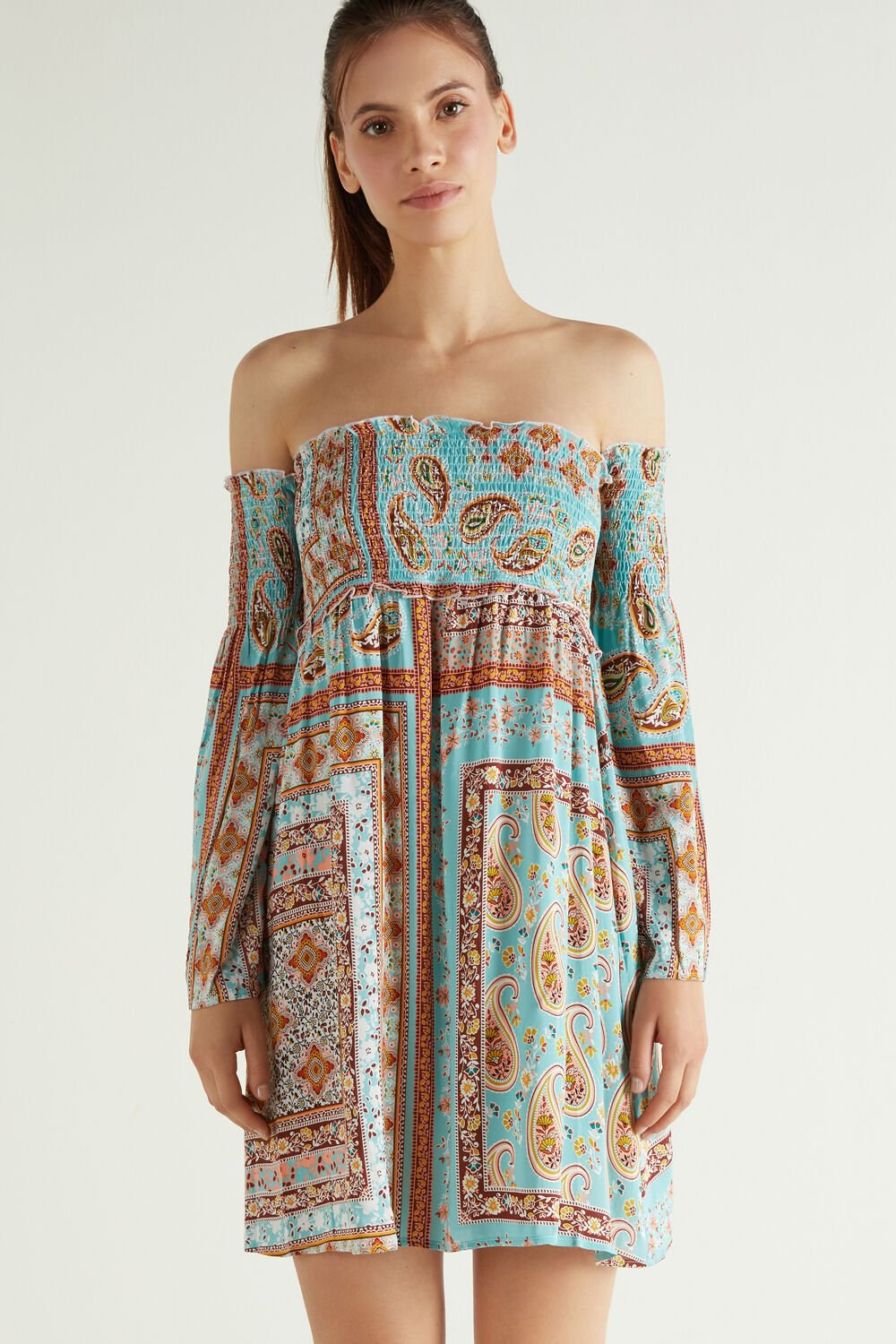 Multicolor Maxi Bandana Print 842u Tezenis Off-the-Shoulder Long Sleeve Plain Weave Dress | 961537-VHW