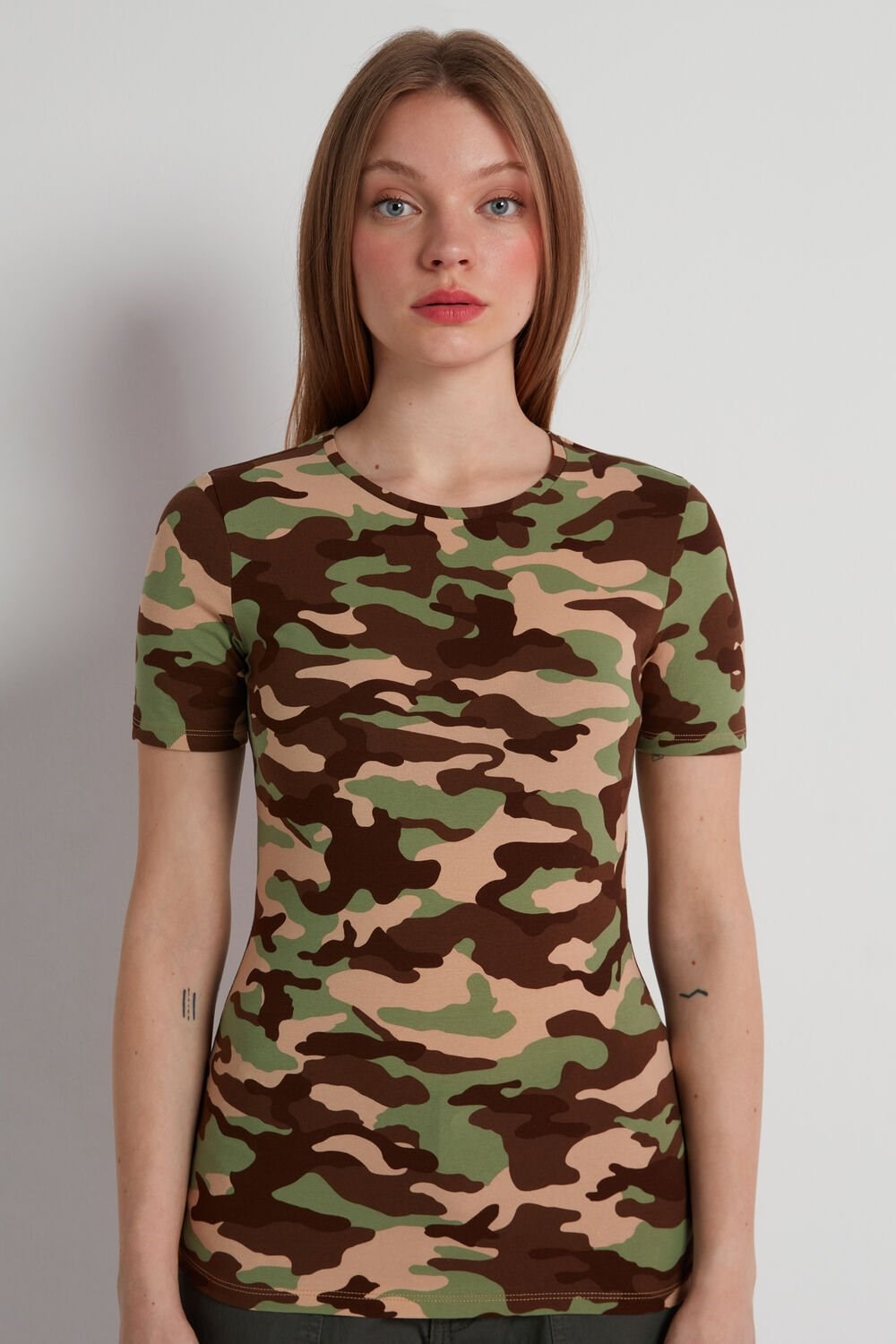 Multicolor New Camo Print 588v Tezenis Crewneck Printed Stretch Cotton T-Shirt | 675432-MFR