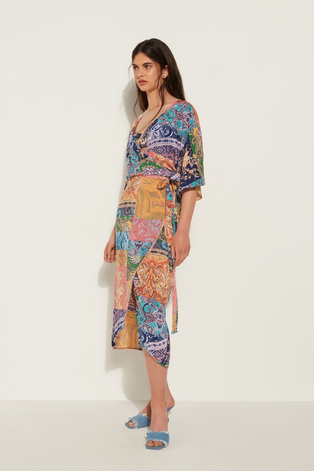 Multicolor Paisley Patch Print 771v Tezenis Short-Sleeved Viscose Fabric Midi Dress with Criss-Cross | 576189-YMT