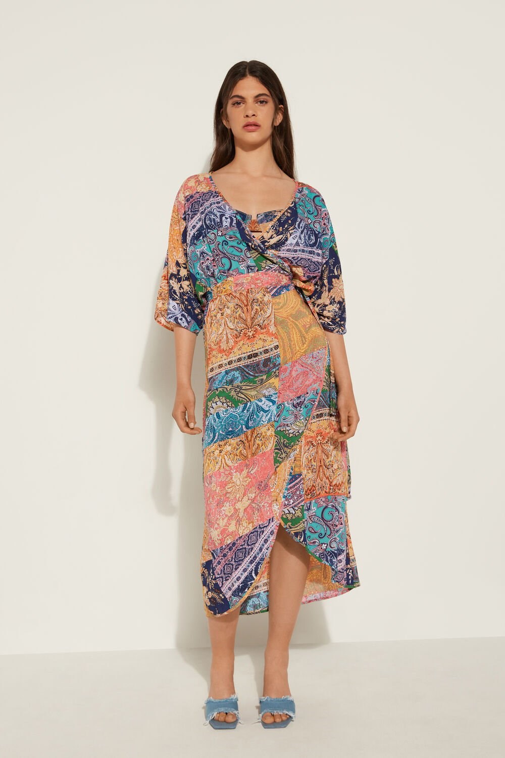 Multicolor Paisley Patch Print 771v Tezenis Short-Sleeved Viscose Fabric Midi Dress with Criss-Cross | 576189-YMT