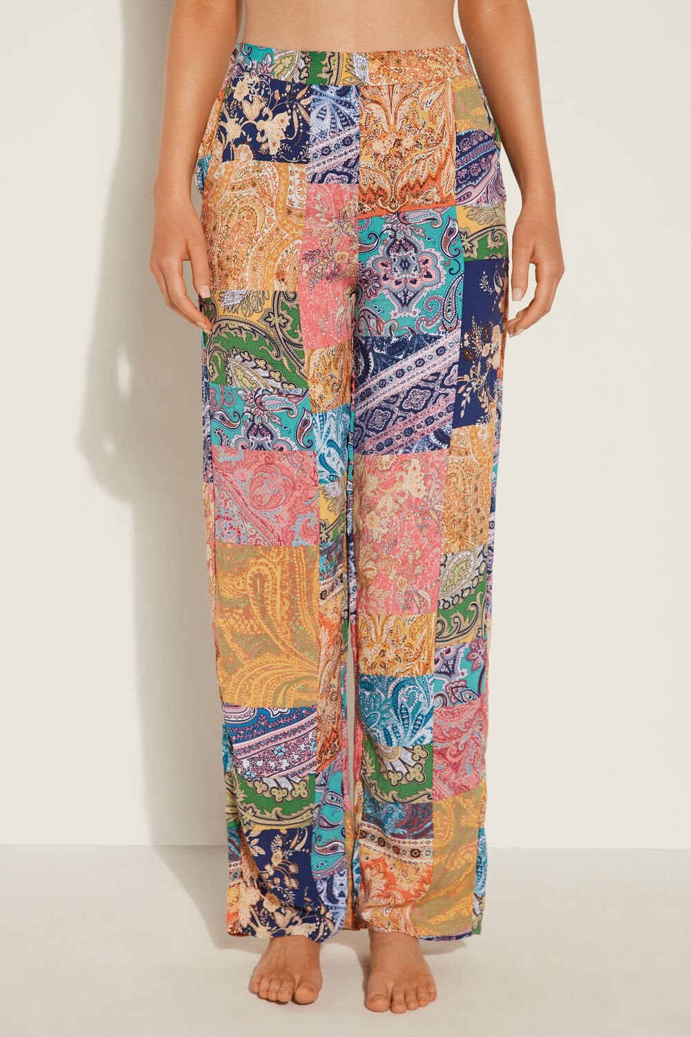 Multicolor Paisley Patch Print 771v Tezenis Straight-Leg Viscose Fabric Pants | 926038-CFD