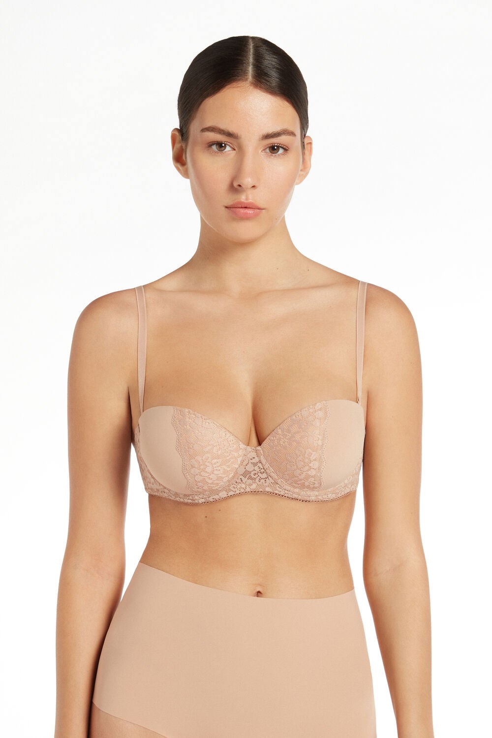 Nude Natural Blush 1905 Tezenis Madrid Ultra Padded Microfiber and Recycled Lace Bandeau Bra | 079284-HET