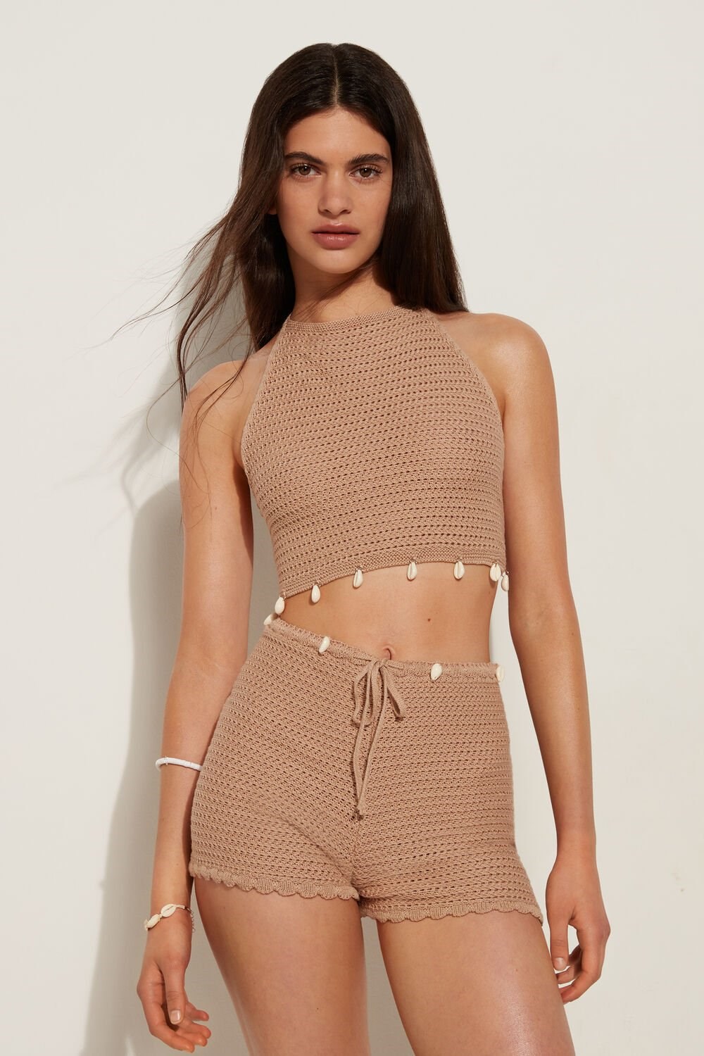 Nude Nude Sand 557v Tezenis Crocheted Cropped Tank Top with Shells | 287639-QFV