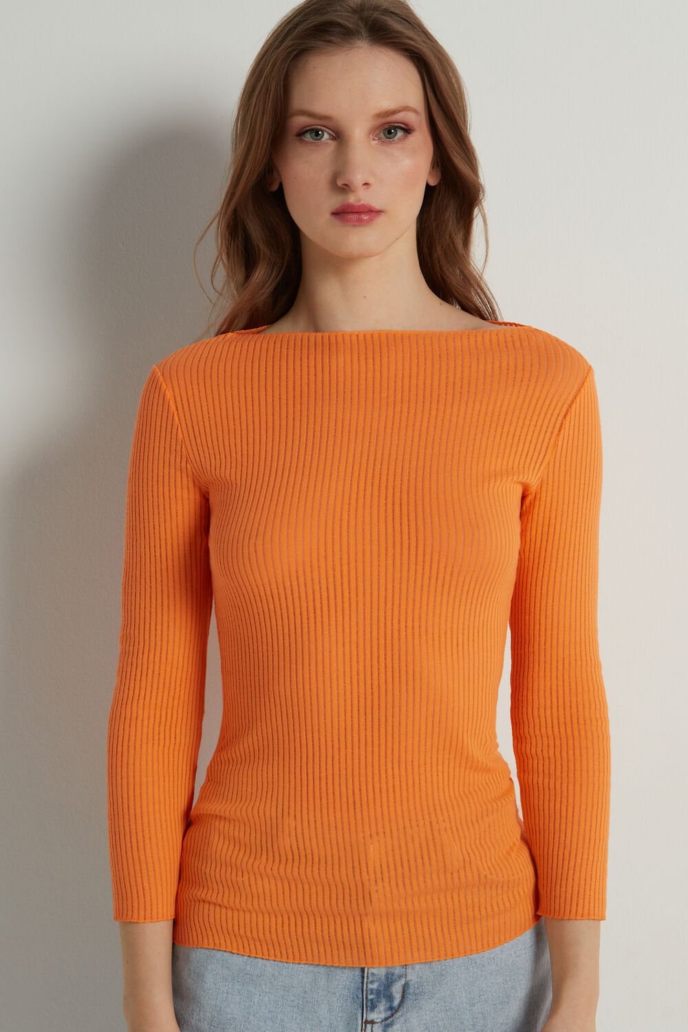 Orange Pastel Orange 253v Tezenis 3/4-Length-Sleeve Ultralight Ribbed Cotton Boat-Neck Top | 702439-JZK