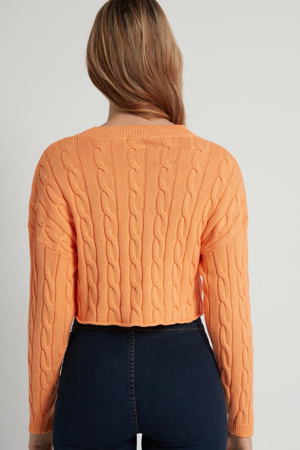 Orange Pastel Orange 253v Tezenis Cropped Long-Sleeve Cable Knit Sweater in Fully-Fashioned Cotton | 213589-AXO