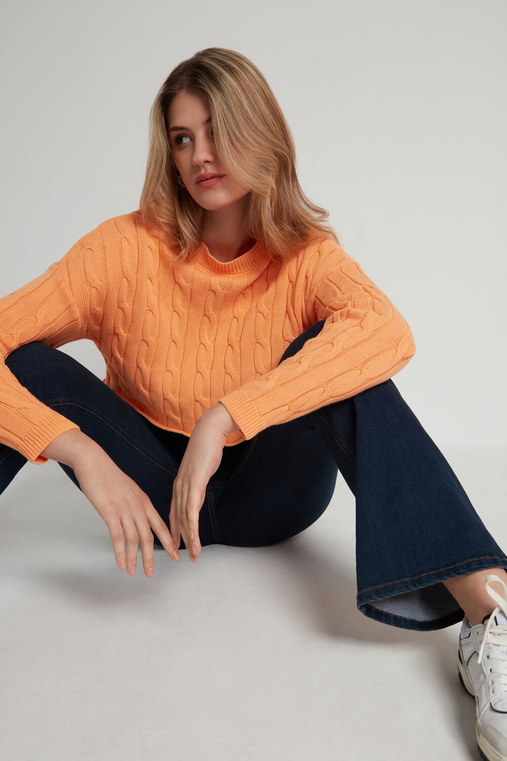 Orange Pastel Orange 253v Tezenis Cropped Long-Sleeve Cable Knit Sweater in Fully-Fashioned Cotton | 213589-AXO