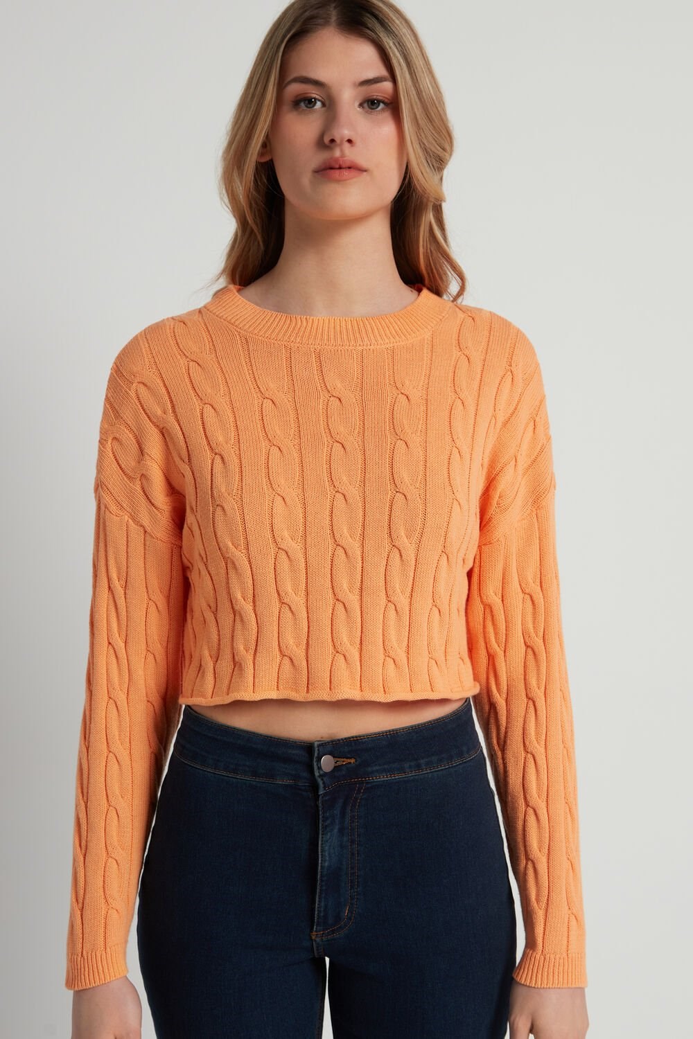 Orange Pastel Orange 253v Tezenis Cropped Long-Sleeve Cable Knit Sweater in Fully-Fashioned Cotton | 213589-AXO