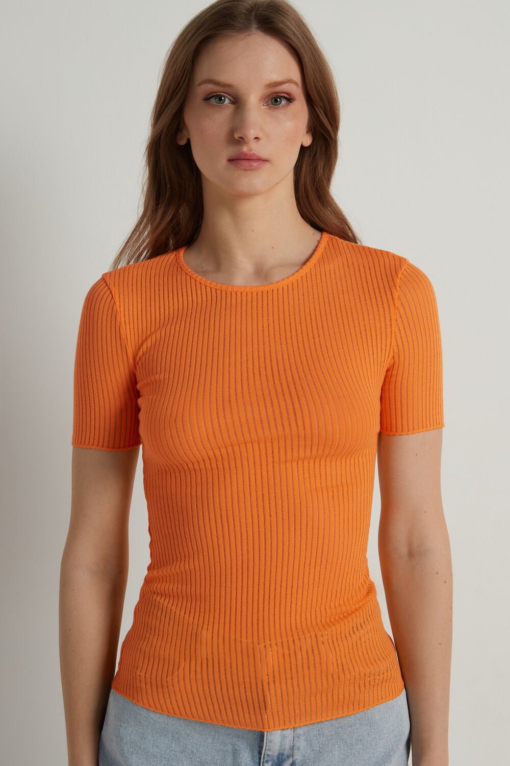 Orange Pastel Orange 253v Tezenis Short-Sleeve Crew-Neck Ultralight Ribbed Cotton Top | 316507-LIZ