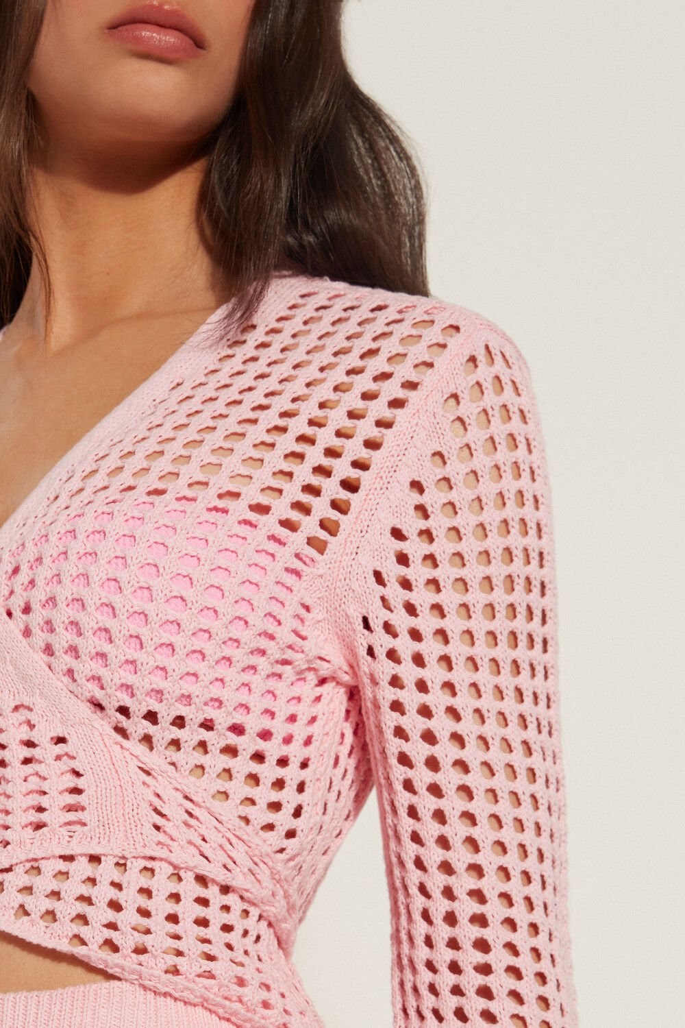 Pale Pink Hollywood Pink 560v Tezenis Long Sleeve Crop Cardigan/Top in Mesh Crochet | 740591-YFW