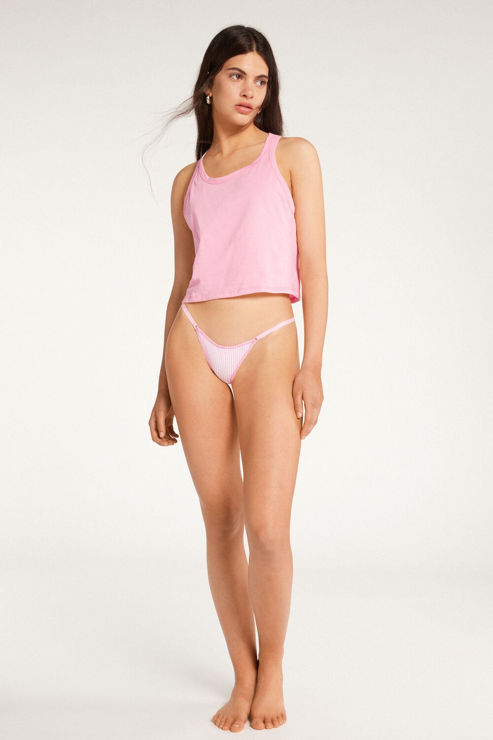 Pale Pink Pink Striped Print 642v Tezenis High-Waisted Printed Cotton Brazilian String Panties | 904862-NBE