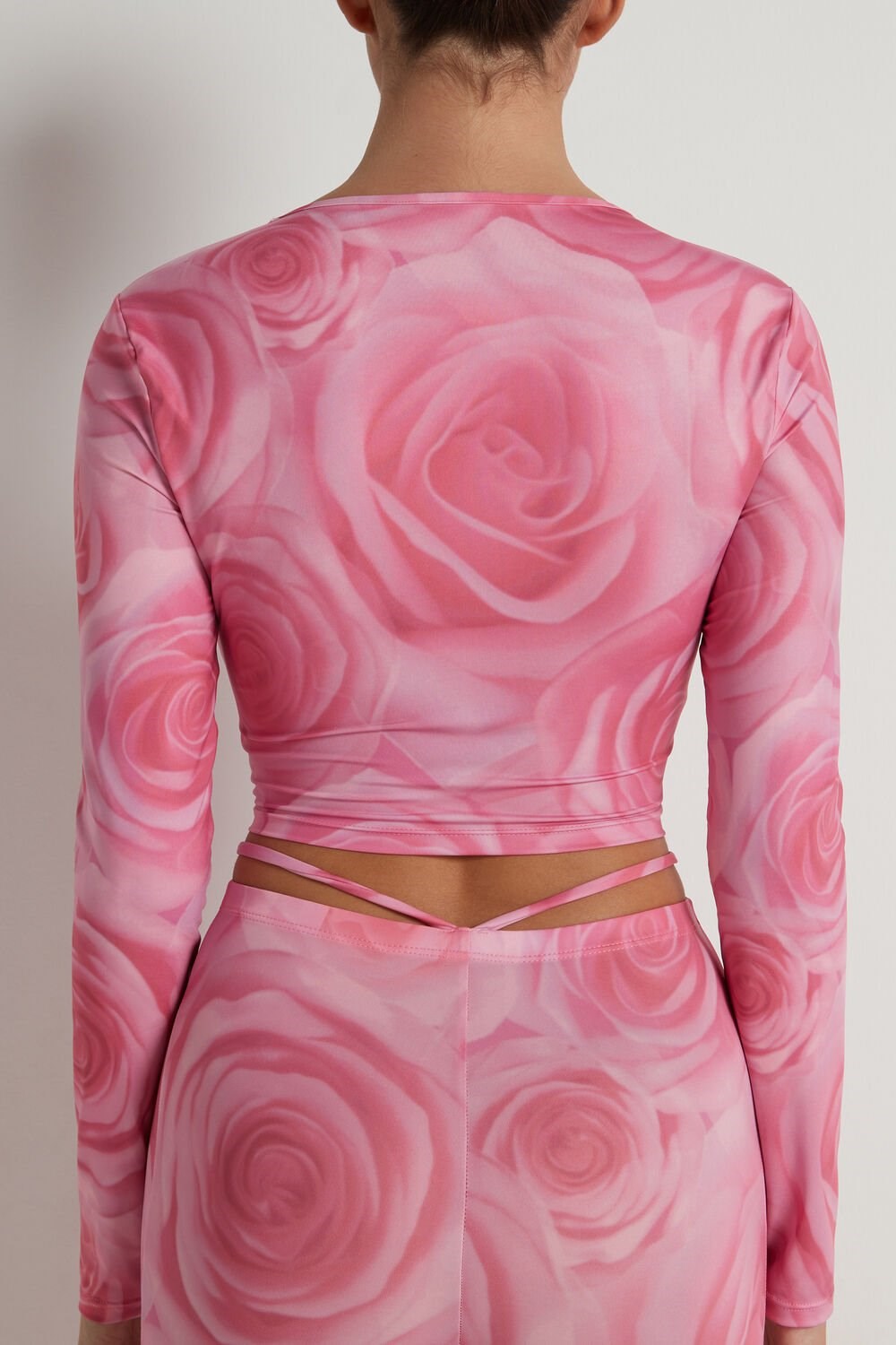 Pink Big Romantic Rose Print 326v Tezenis Cropped Long-Sleeve Criss-Cross Top | 254637-XZK