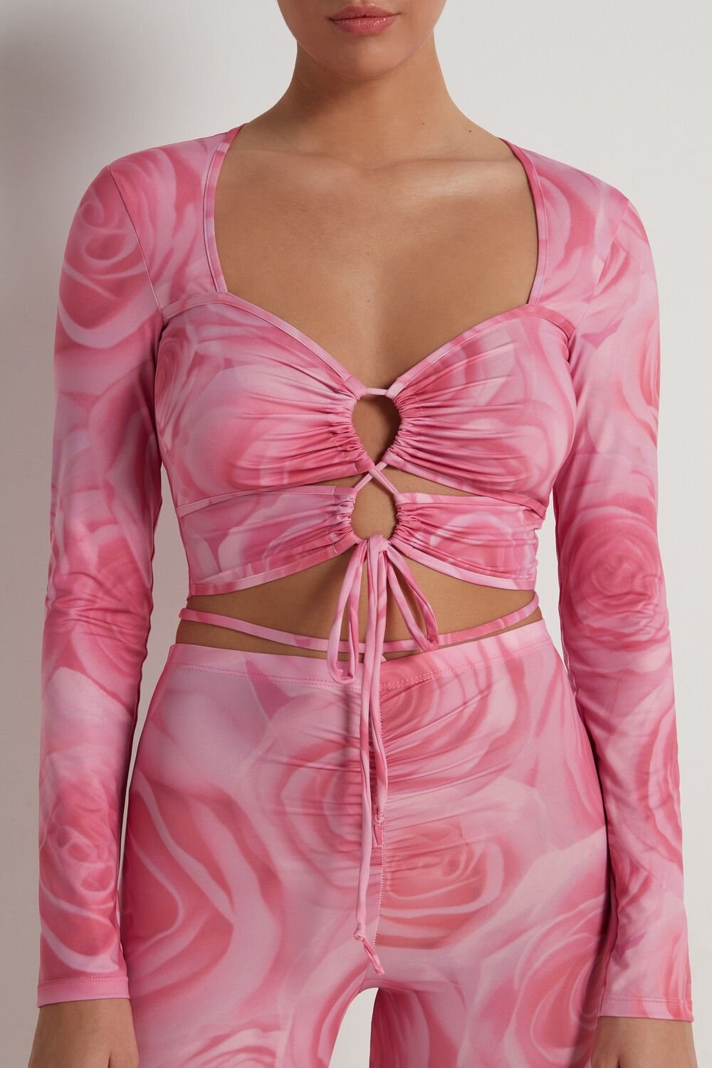 Pink Big Romantic Rose Print 326v Tezenis Cropped Long-Sleeve Criss-Cross Top | 254637-XZK