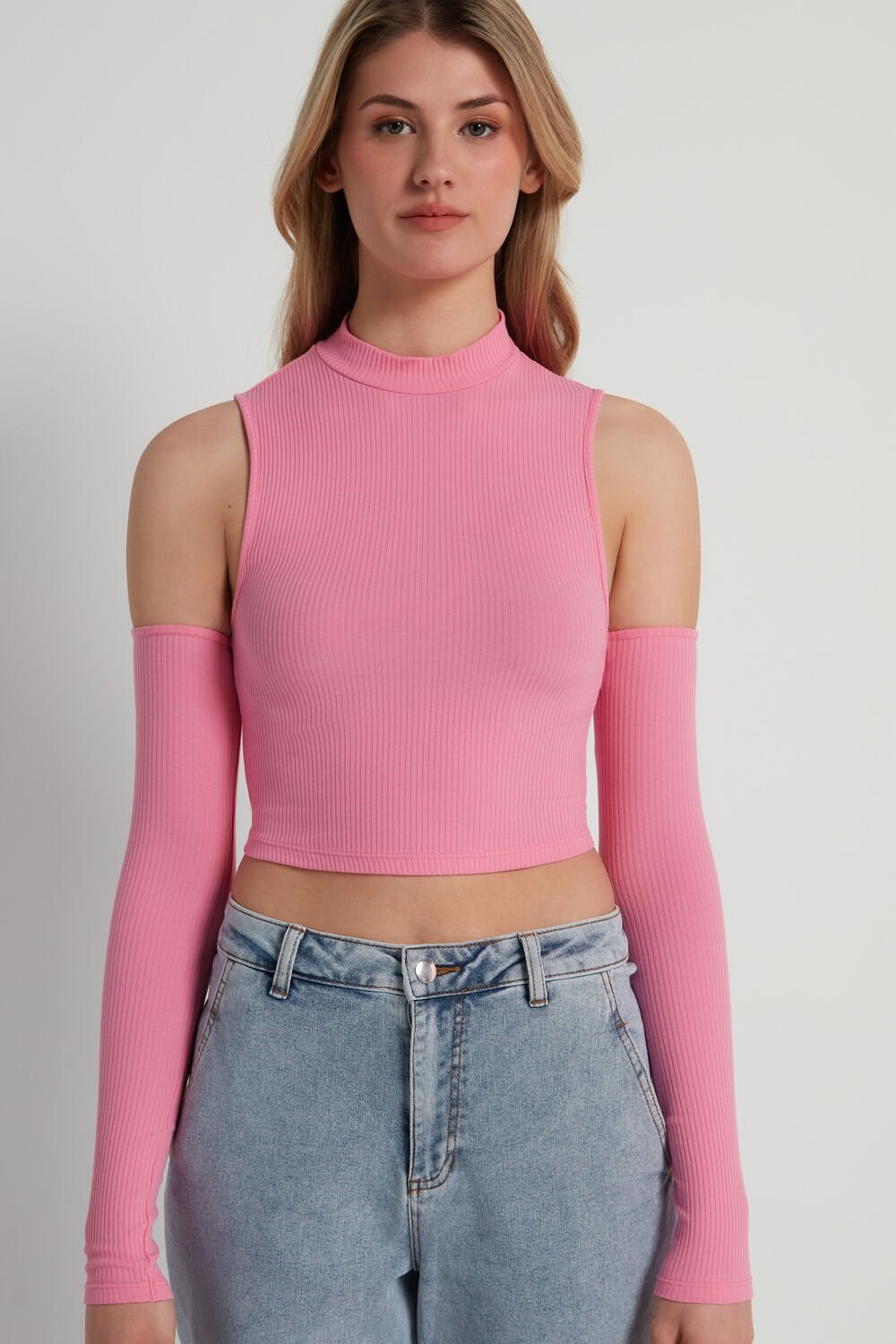 Pink Bright Pink 282v Tezenis Cropped Ribbed Tank Top with Sleeves | 324081-ZXS