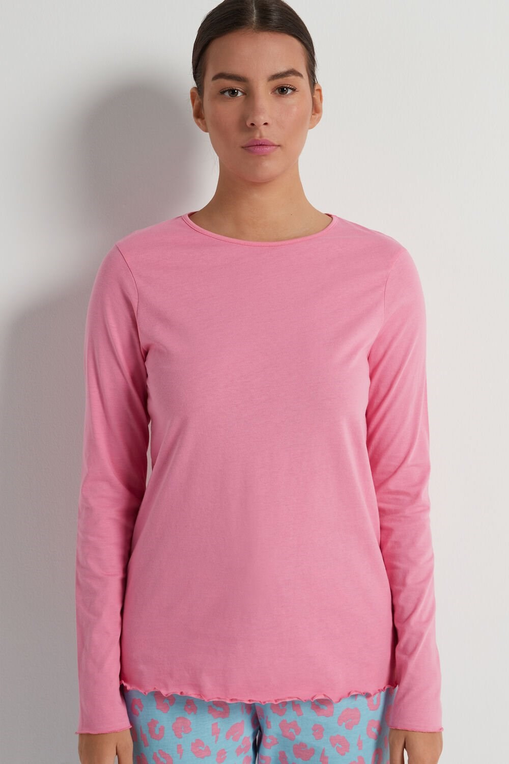 Pink Bright Pink 282v Tezenis Long Sleeve Lettuce Leaf Stitch Cotton Top | 875329-JBO