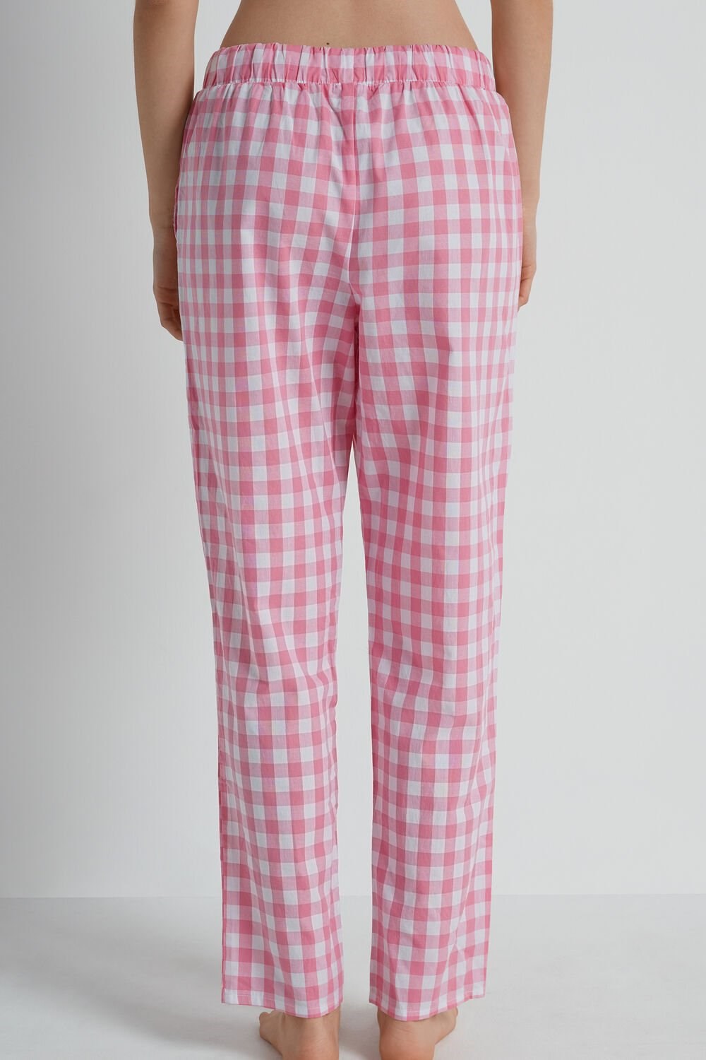 Pink Bright Pink Gingham Print 389v Tezenis Cotton Canvas Trousers with Drawstring | 453702-URE