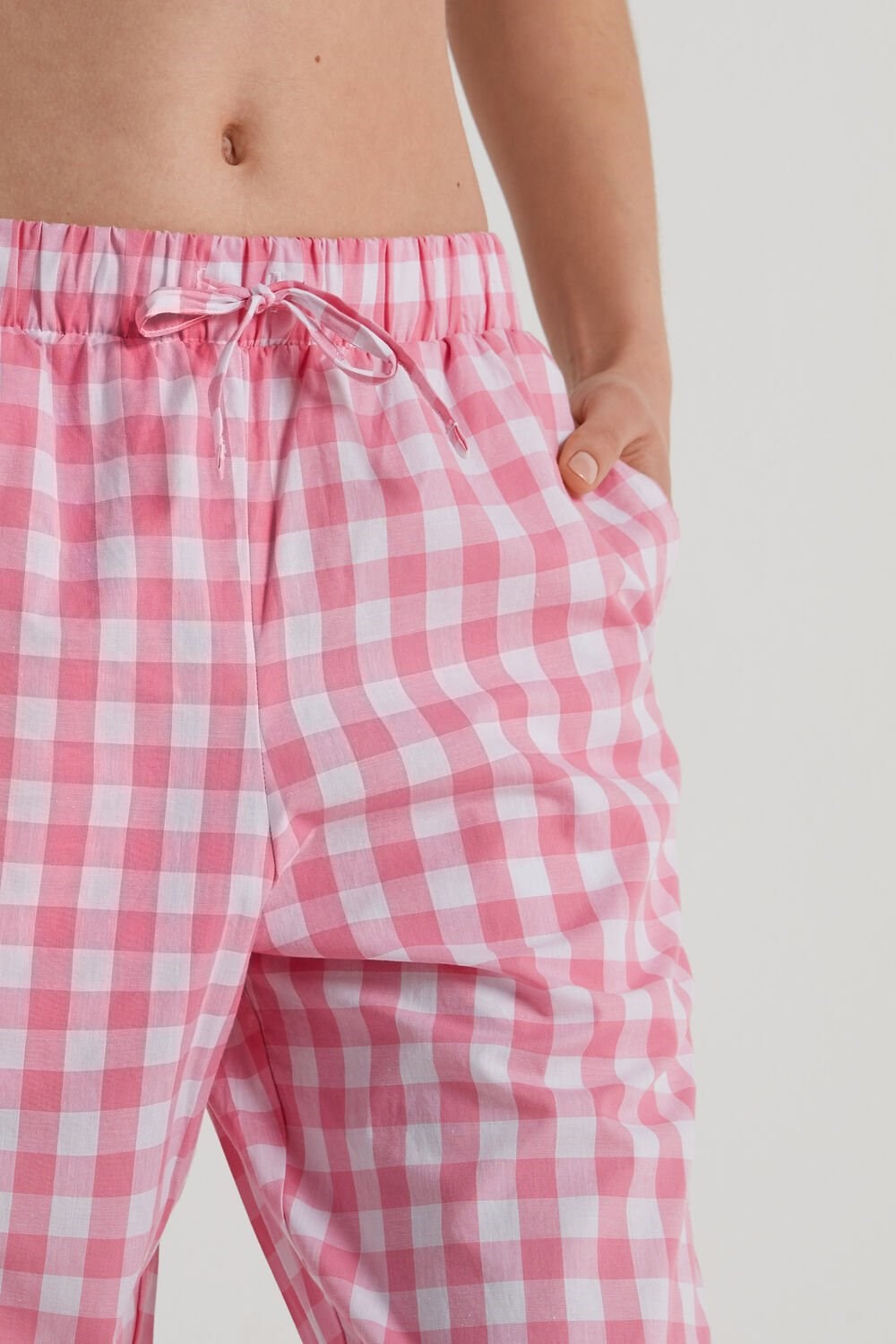 Pink Bright Pink Gingham Print 389v Tezenis Cotton Canvas Trousers with Drawstring | 453702-URE