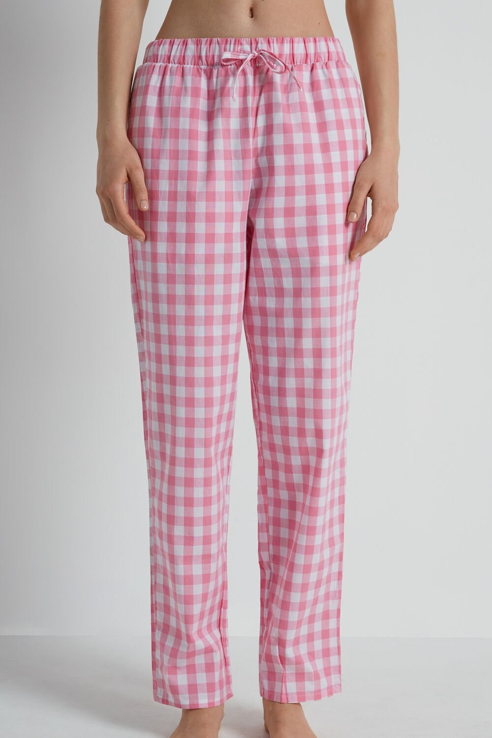 Pink Bright Pink Gingham Print 389v Tezenis Cotton Canvas Trousers with Drawstring | 453702-URE