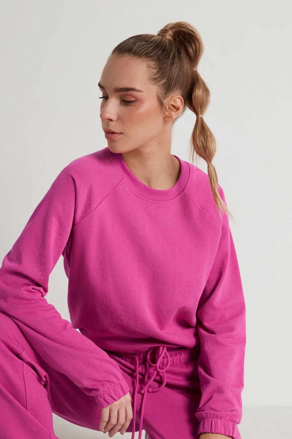 Pink Fuchsia Pink 286v Tezenis Cropped Long-Sleeve Sweatshirt with Drawstring | 293475-VHP