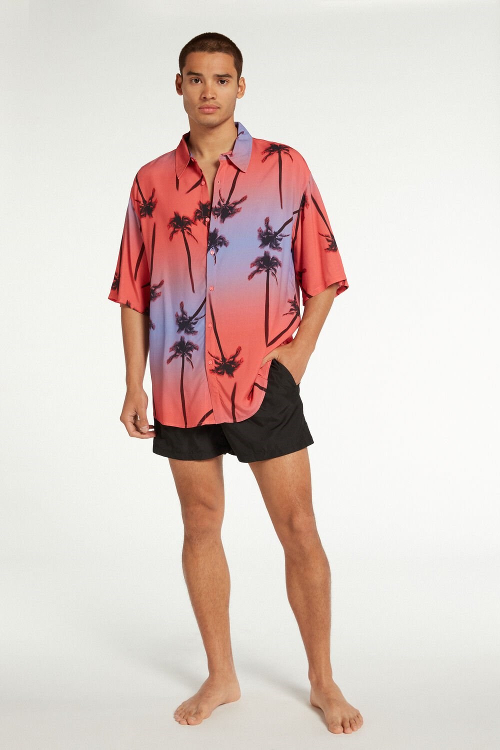 Pink Palm Tree Print 589v Tezenis Viscose Fabric Short-Sleeve Shirt | 403651-KCL