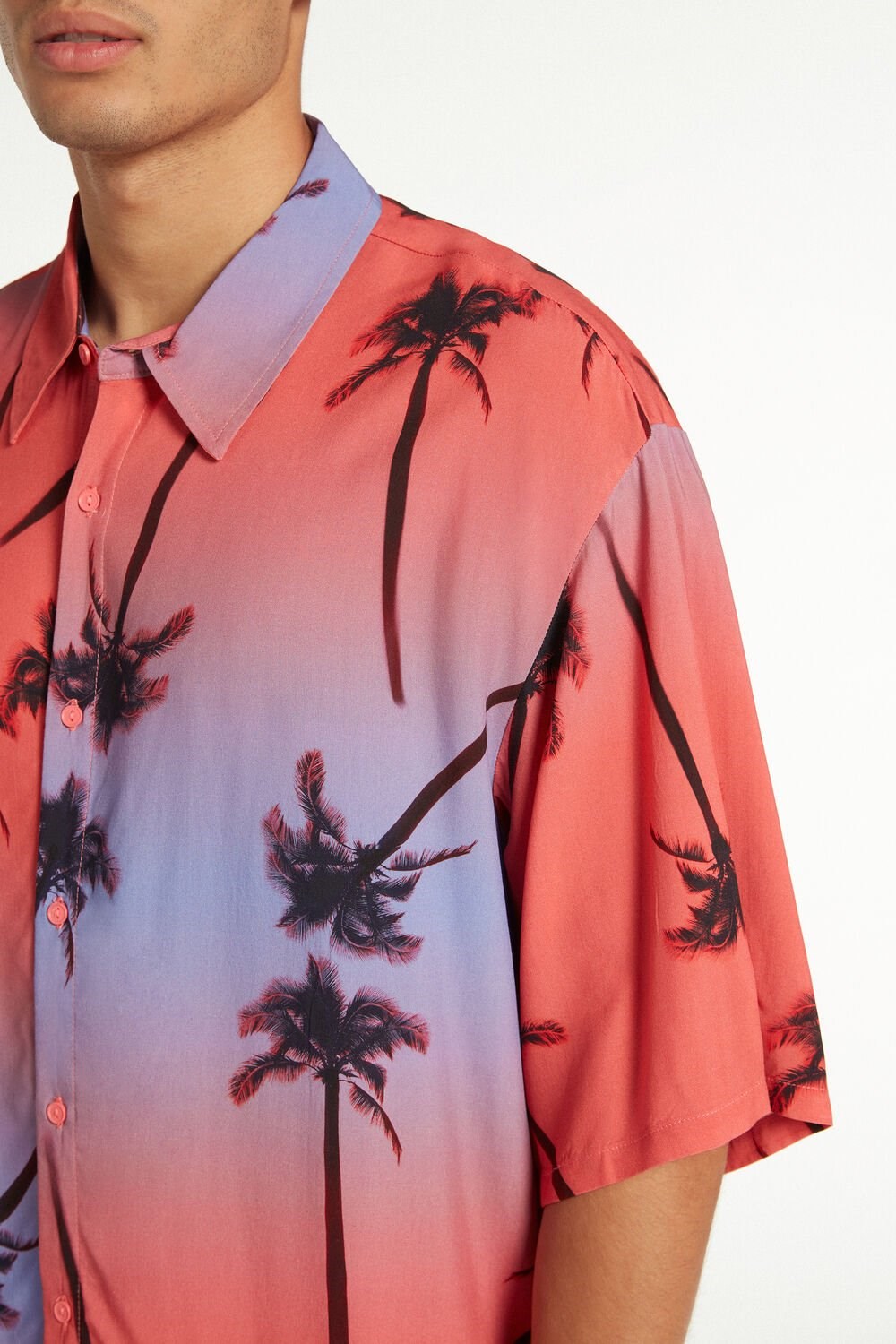 Pink Palm Tree Print 589v Tezenis Viscose Fabric Short-Sleeve Shirt | 403651-KCL