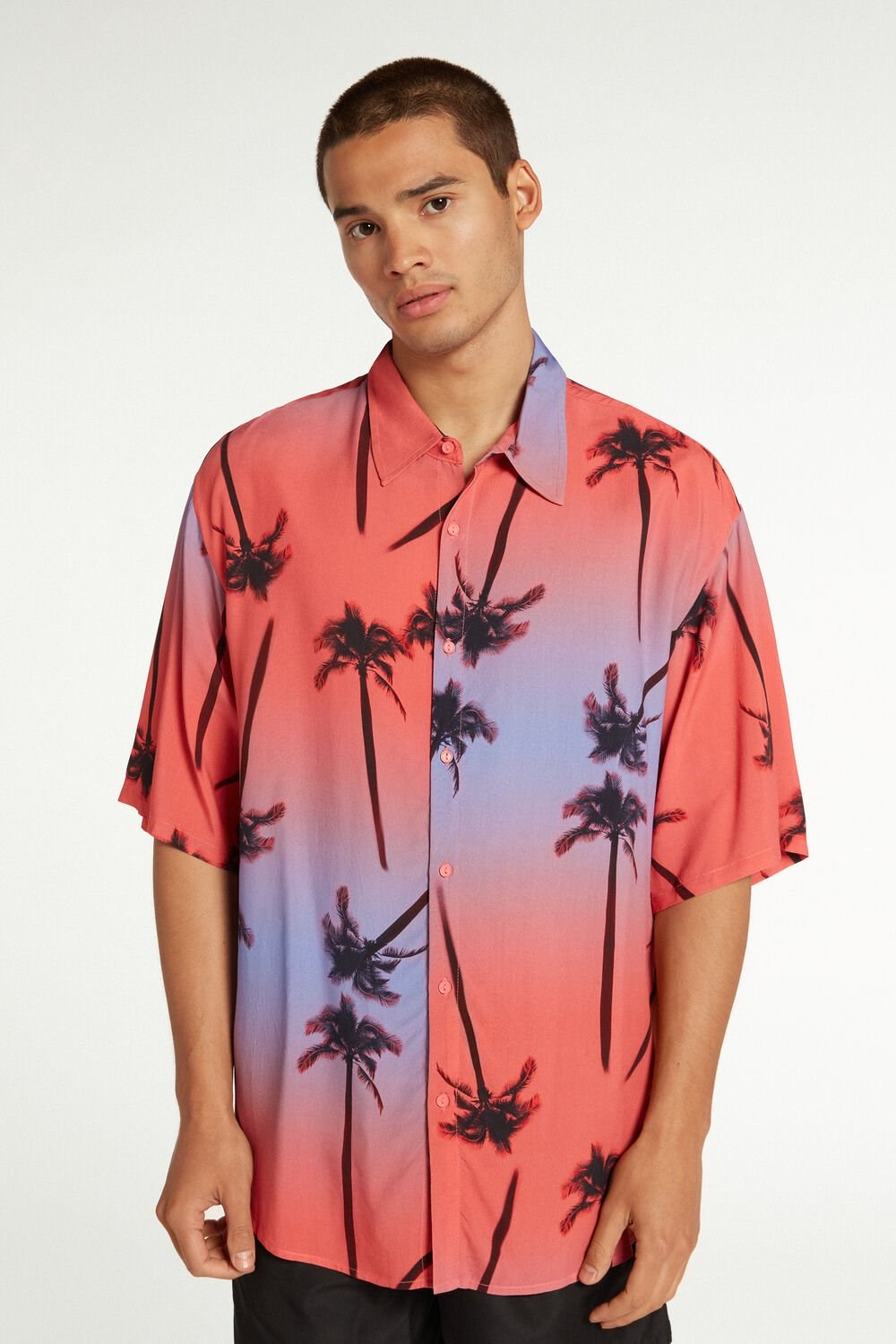 Pink Palm Tree Print 589v Tezenis Viscose Fabric Short-Sleeve Shirt | 403651-KCL