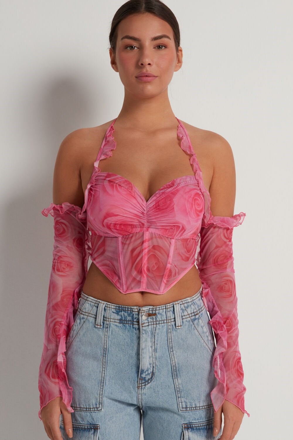 Pink Romantic Rose Print 299v Tezenis Romantic Roses Bandeau Bra Top | 830419-ISZ