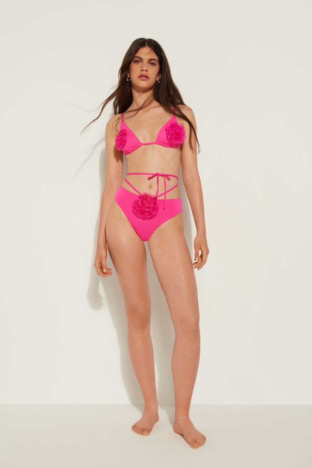 Pink Summer Fuchsia 534v Tezenis Pink 3D Roses High-Cut Brazilian Bikini Bottoms | 207614-OWU