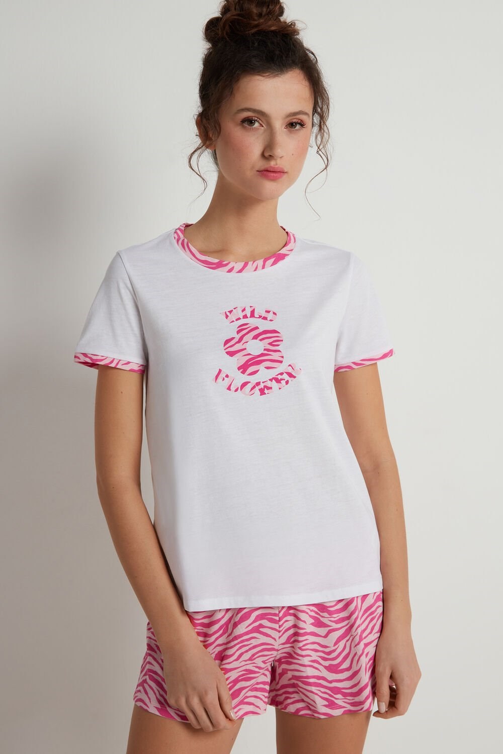 Pink White Wildflower Print 352v Tezenis “Wild Flowers” Print Short Cotton Pajamas | 130984-EGI