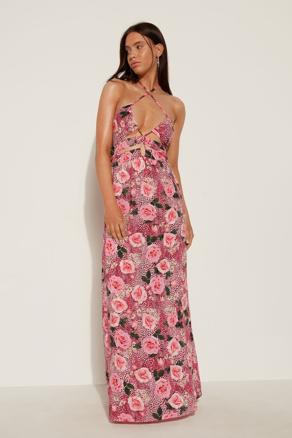 Pink Wild Rose Print 617v Tezenis Long Viscose Fabric Criss-Cross Dress | 708612-MVY